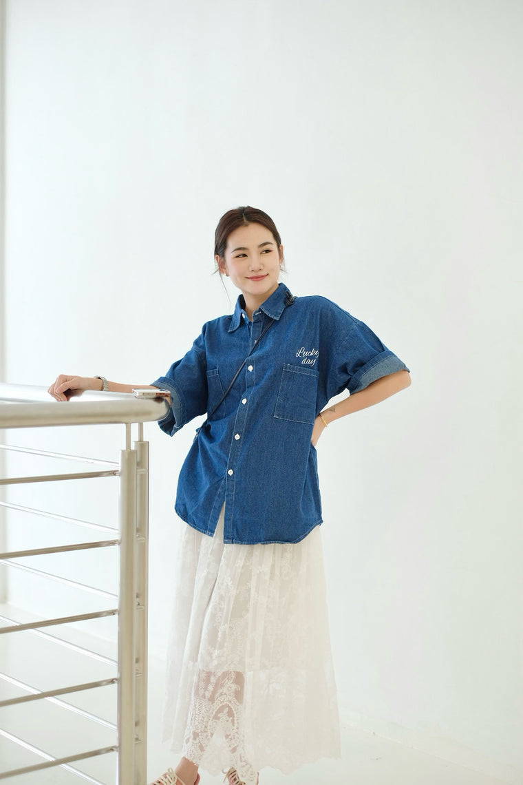 Lucky Day Denim Blouse (DARK BLUE)